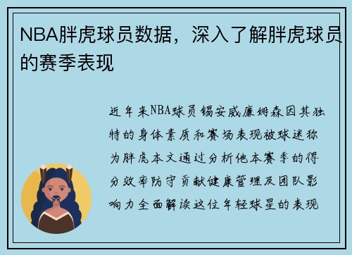 NBA胖虎球员数据，深入了解胖虎球员的赛季表现